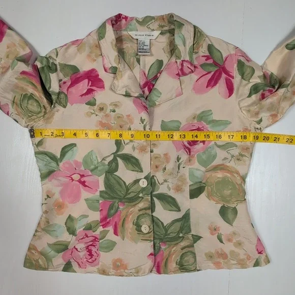 Vintage Melrose Studio Silk Cotton Floral Blazer Jacket Pink Green Rose Size 8 - Picture 5 of 10